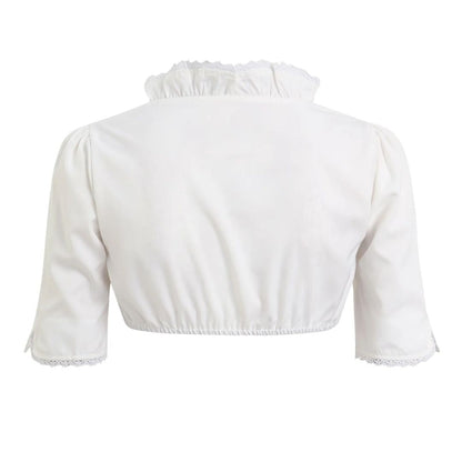 Weiße Damenbluse mit Rüschenkragen, halblangen Ärmeln, Spitzenbesatz, elegant, Baumwolle.
