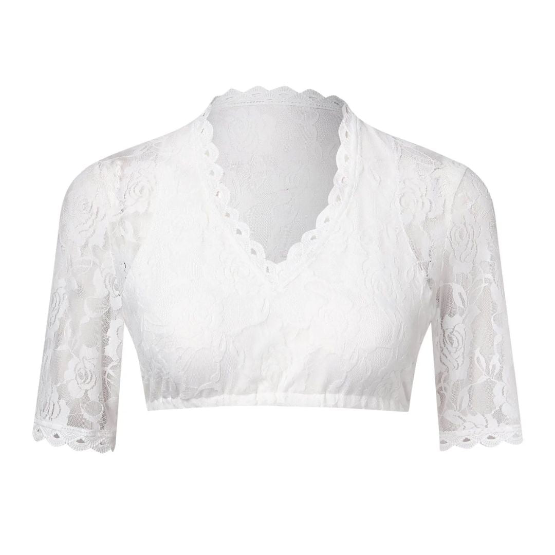 Weiße Spitzenbluse Damen, Halbarm, V-Ausschnitt, elegant, modisch, Sommermode, Spitzenmuster