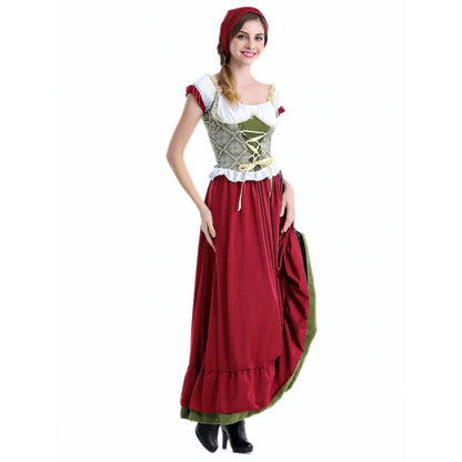 Frau im mittelalterlichen Kleid, rot-grün, mit Mieder und Haube, historische Mode.