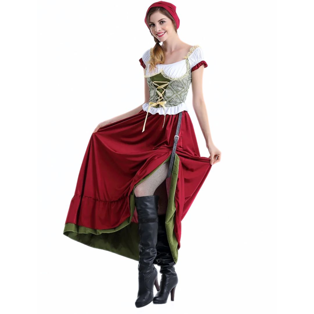 Frau im roten Mittelalter-Kostüm mit Korsett und Stiefeln, ideal für Karneval oder Halloween.