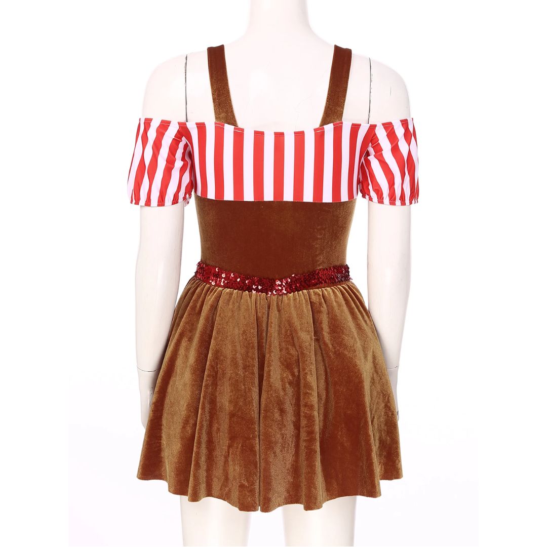 Braunes Samtkleid mit rot-weiß gestreiften Ärmeln und Pailletten-Gürtel, Damenmode.