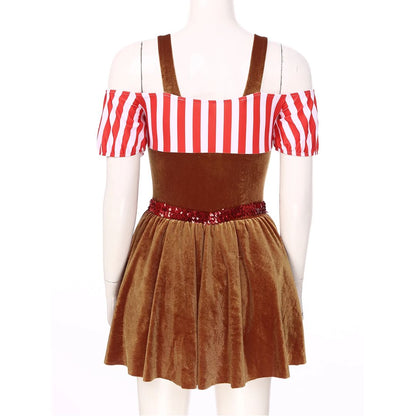 Braunes Samtkleid mit rot-weiß gestreiften Ärmeln und Pailletten-Gürtel, Damenmode.