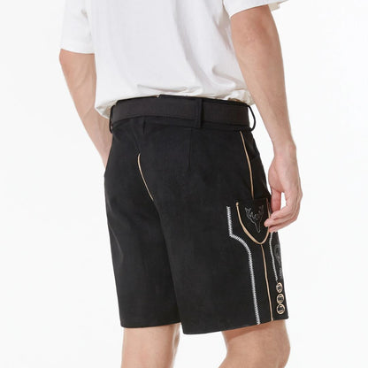 Schwarze Herren-Lederhose, traditionell, mit Stickerei, Trachtenmode, Rückansicht.
