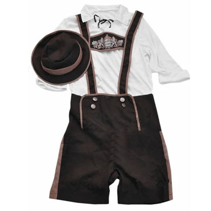 Traditionelle bayerische Lederhose mit weißem Hemd und Hut, Trachtenmode für Oktoberfest.
