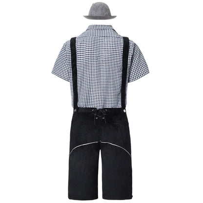 Rückansicht Trachtenoutfit: kariertes Hemd, schwarze Lederhose, grauer Hut, traditionell bayerisch.