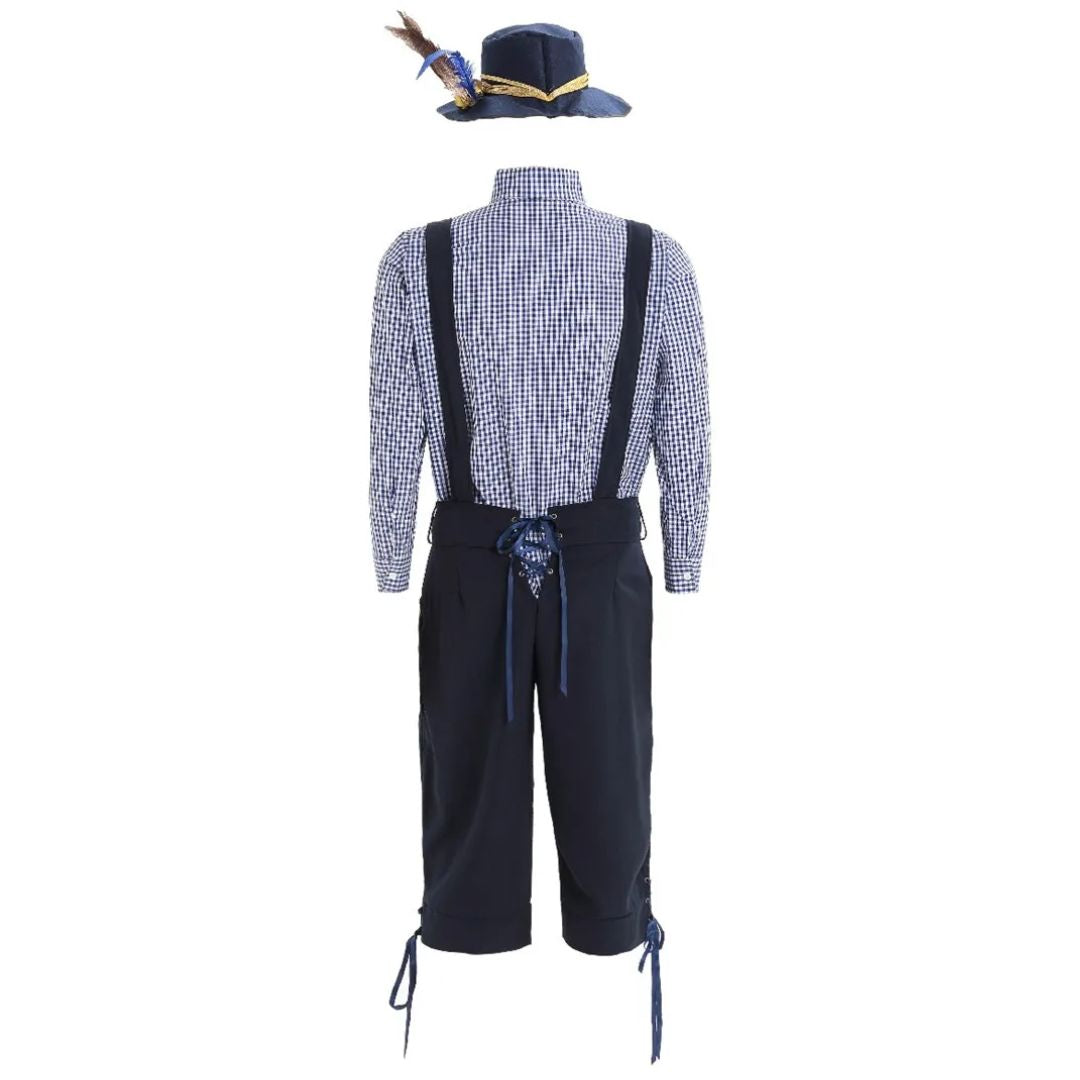 Herren-Trachtenoutfit mit blauem Hut, kariertem Hemd, Hosenträgern und Kniebundhose.