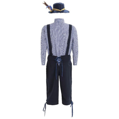 Herren-Trachtenoutfit mit blauem Hut, kariertem Hemd, Hosenträgern und Kniebundhose.