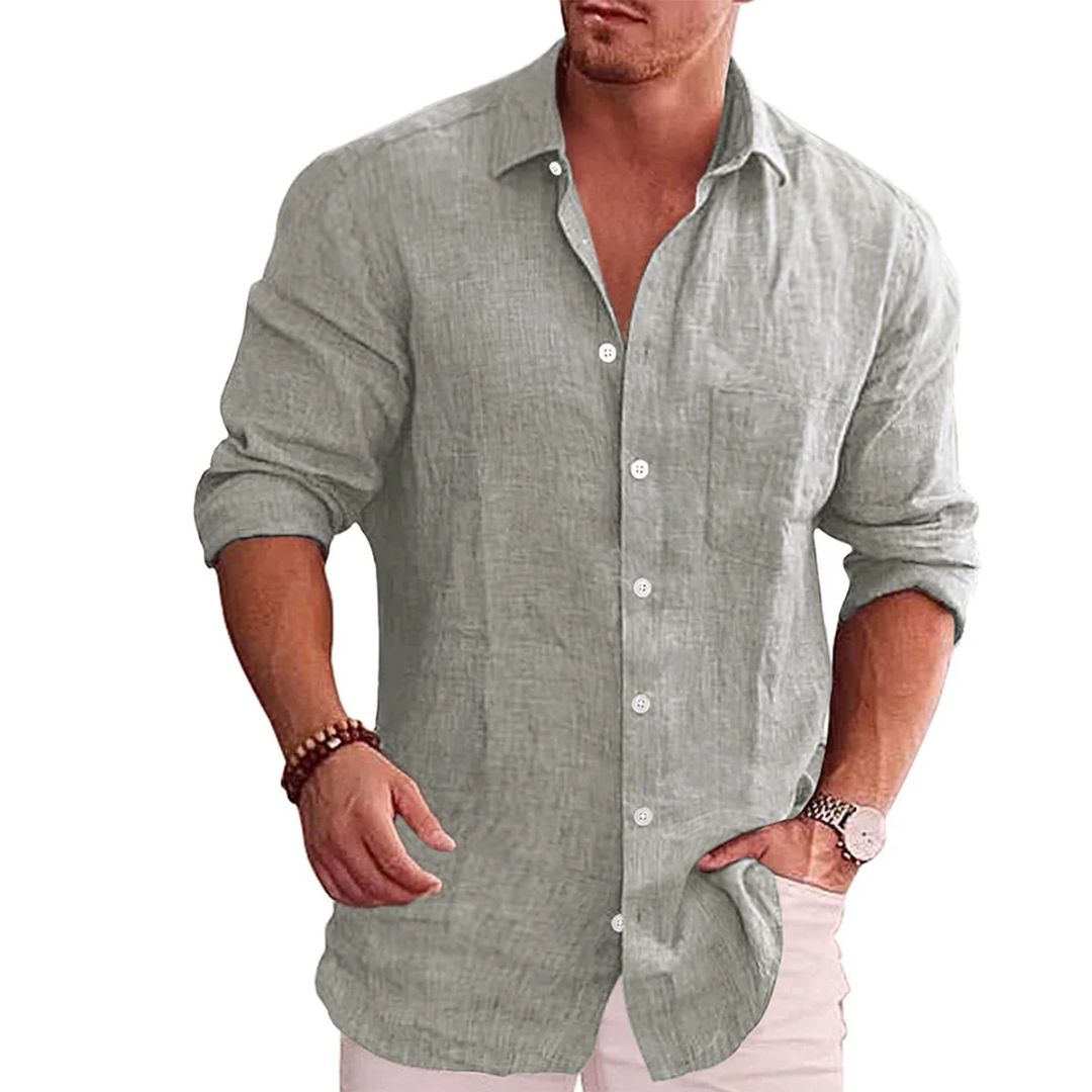 Männer Leinenhemd, hellgrün, langarm, Knopfleiste, lässig, Sommermode, elegant.