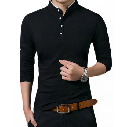 Schwarzes Herren-Langarmshirt mit Knopfleiste, elegantes Design, Freizeitmode.