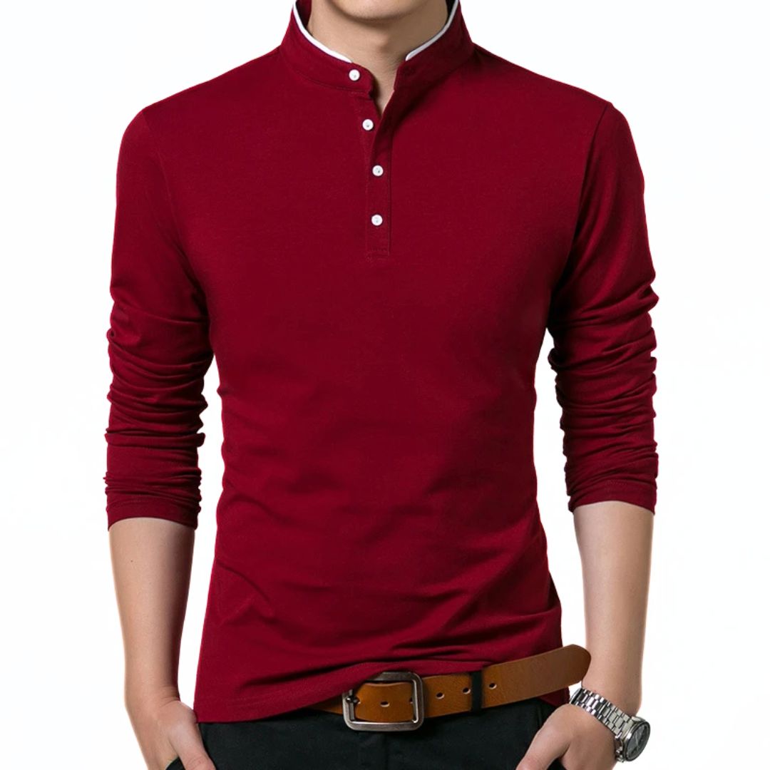 Rotes Herren-Langarmshirt, Stehkragen, Knopfleiste, Freizeitmode, Baumwolle.