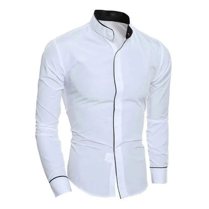 Weiße Herrenhemd mit schwarzem Kragen, langärmelig, elegant, Baumwolle, Slim Fit.