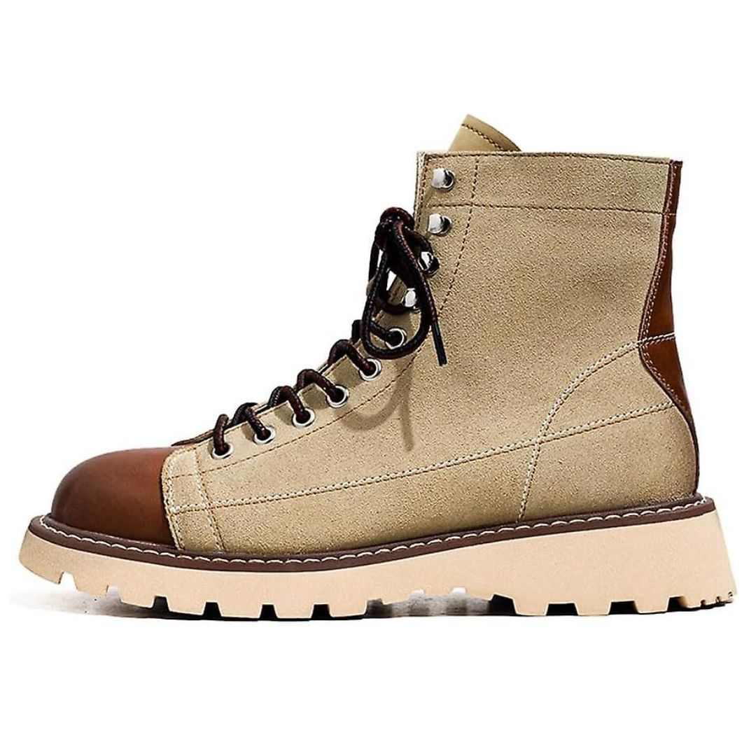Beige Lederstiefel mit braunen Akzenten, Schnürung, robuster Sohle, modisch, unisex.