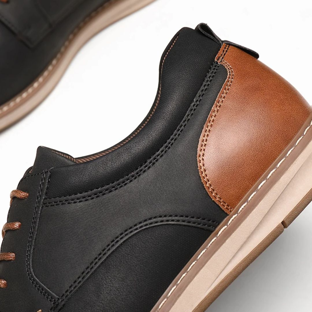 Schwarzer und brauner Lederschuh, Herren-Sneaker, modisch, bequem, Casual-Design.