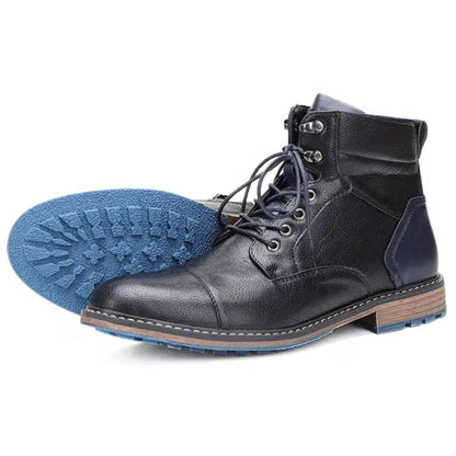 Schwarze Lederstiefel für Herren mit blauer Sohle, Schnürung, robustes Design.