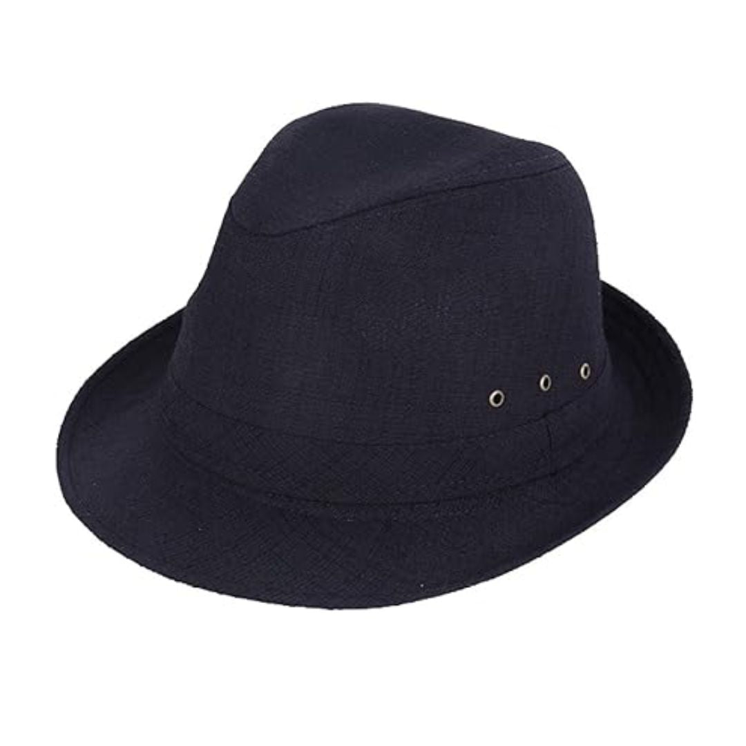 Schwarzer Fedora-Hut aus Baumwolle, stilvoll, atmungsaktiv, ideal für Herrenmode.