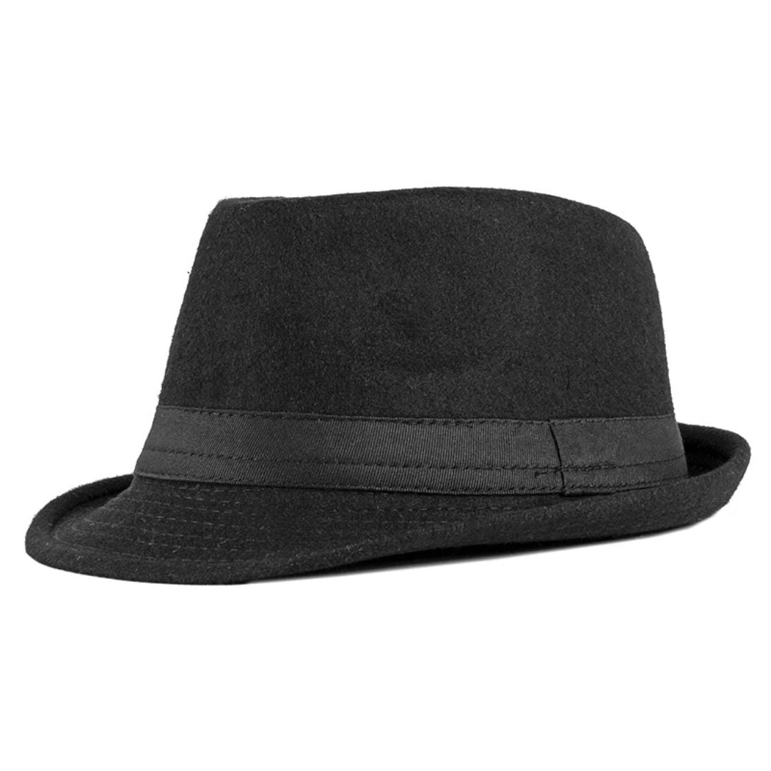 Schwarzer Filzhut Fedora, klassisch, elegant, Herrenmode, Accessoire, zeitloses Design