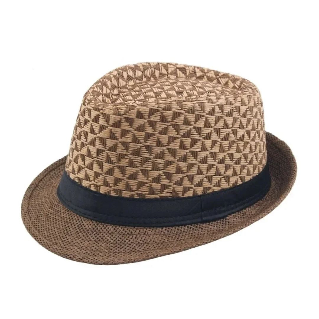 Brauner Fedora-Hut aus Stroh mit schwarzem Band, stilvoller Sommerhut für Herren.