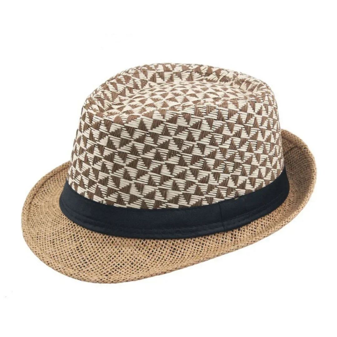 Brauner Fedora-Hut aus Stroh mit schwarzem Band, geometrisches Muster, Sommermode-Accessoire.