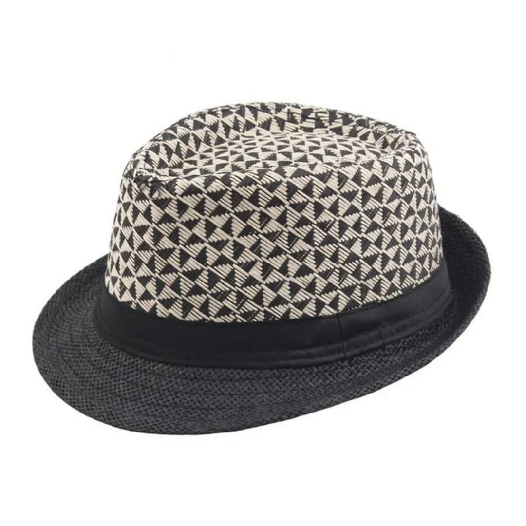 Schwarz-weißer Fedora-Hut, geometrisches Muster, Unisex, modisch, Sommeraccessoire.