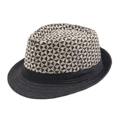 Schwarz-weißer Fedora-Hut, geometrisches Muster, Unisex, modisch, Sommeraccessoire.