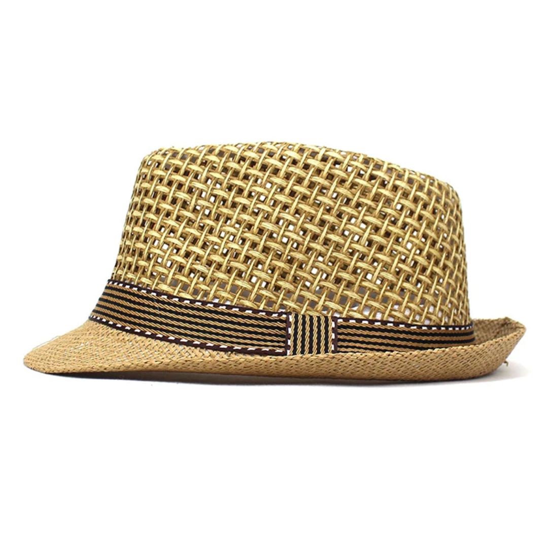 Strohhut für Herren, beige, mit gestreiftem Band, Sommermode, atmungsaktiv, elegant