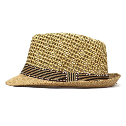 Strohhut für Herren, beige, mit gestreiftem Band, Sommermode, atmungsaktiv, elegant