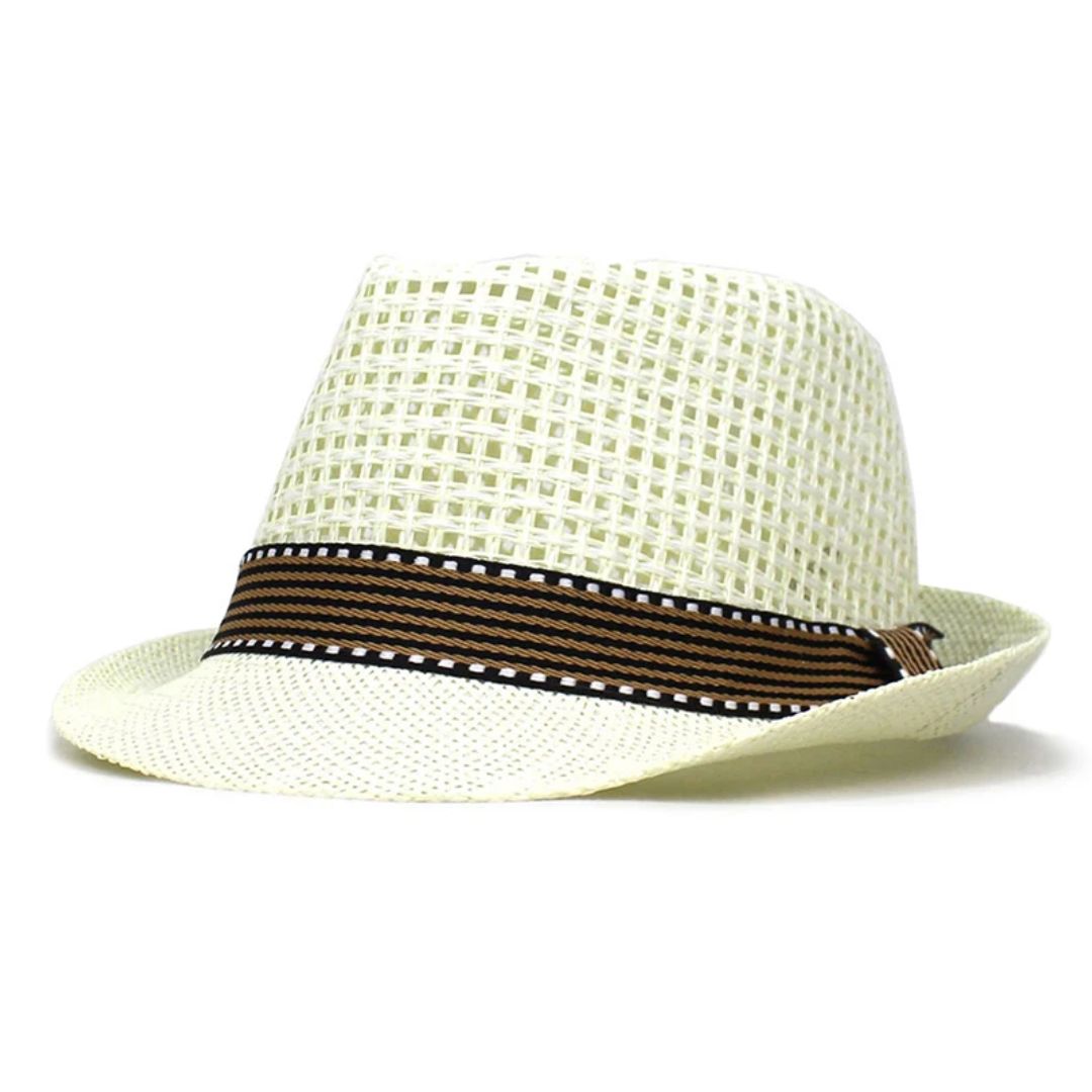 Weißer Strohhut mit braunem Band, Sommerhut, atmungsaktiv, modisch, Herren-Accessoire.