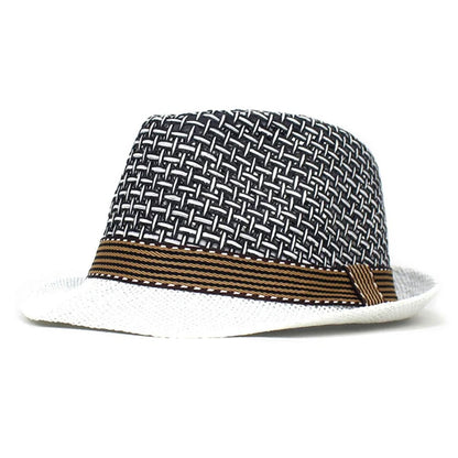 Schwarzer und weißer Fedora-Hut mit braunem Streifen, stilvoller Sommerhut für Herren.