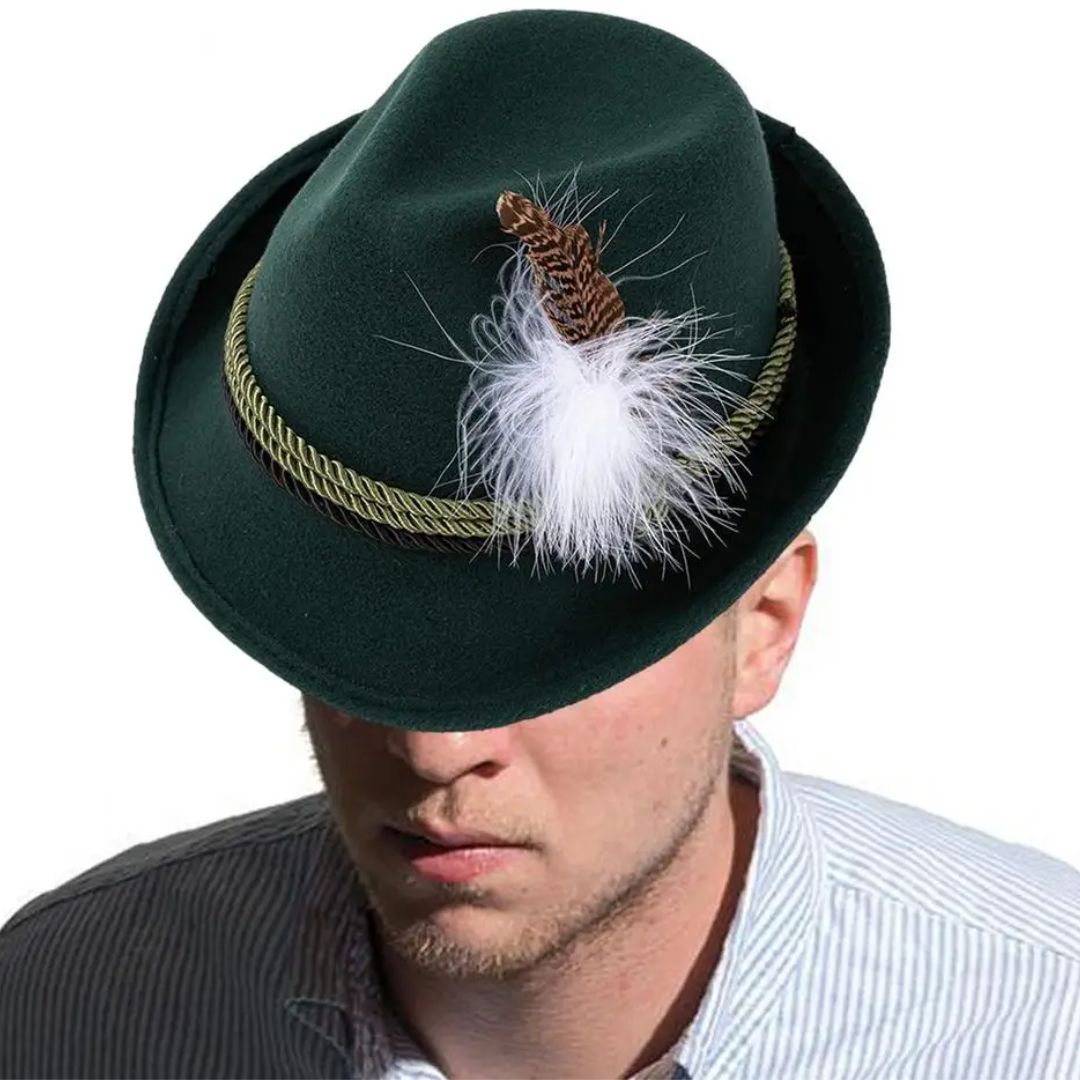 Grüner Trachtenhut mit Feder, Filz, traditionell, Herrenmode, Oktoberfest Accessoire.