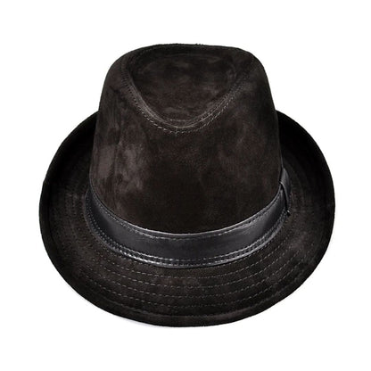 Schwarzer Filzhut mit Lederband, klassisches Design, Herrenmode, stilvoller Fedora-Hut.
