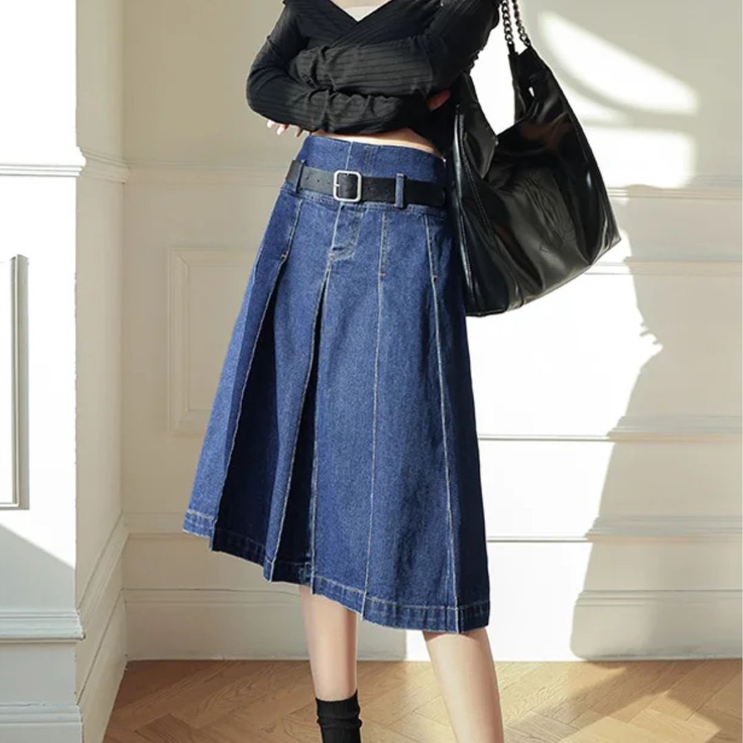 Damen Jeansrock, blau, A-Linie, knielang, mit Gürtel, modisch, lässig, Streetwear.