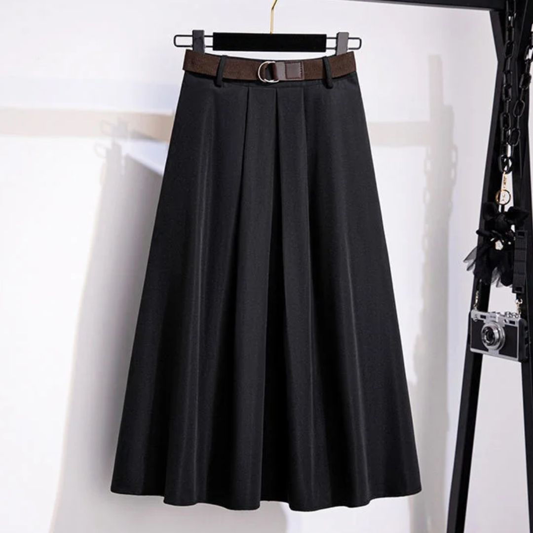 Schwarzer A-Linien-Rock mit Gürtel, Damenmode, elegantes Design, knielang, Polyester.