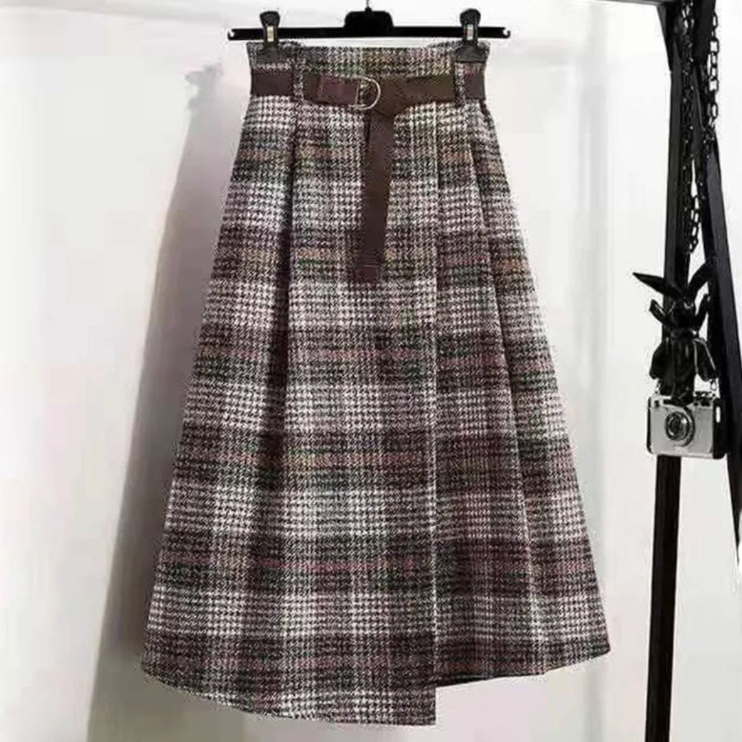 Kariertes Wollrock mit Gürtel, A-Linie, braun-grau, Damenmode, elegant, Herbst-Winter.