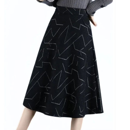 Schwarzer A-Linien-Rock mit geometrischem Muster, Damenmode, elegant, knielang.