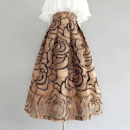 Beiger Rock mit Rosenmuster, A-Linie, knielang, elegantes Design, Damenmode.