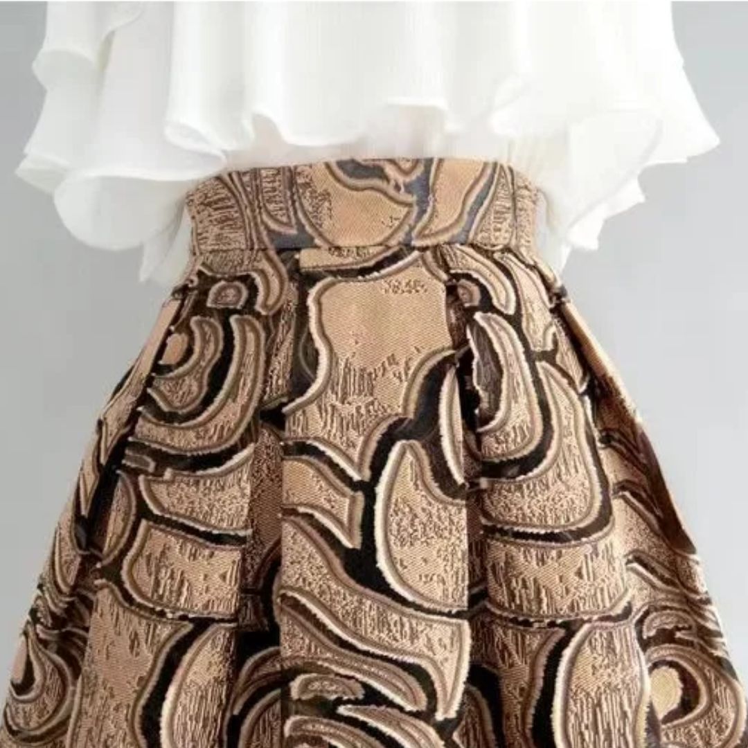 Beiger Rock mit abstraktem Muster, hoch tailliert, elegantes Design, Damenmode.