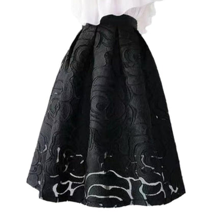 Schwarzer A-Linien-Rock mit Blumenmuster, elegant, knielang, Damenmode.
