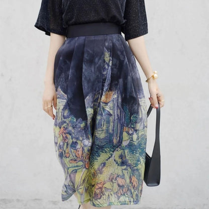Damenrock mit Van Gogh-Motiv, knielang, schwarz-bunt, elegantes Design, Kunst-inspiriert.
