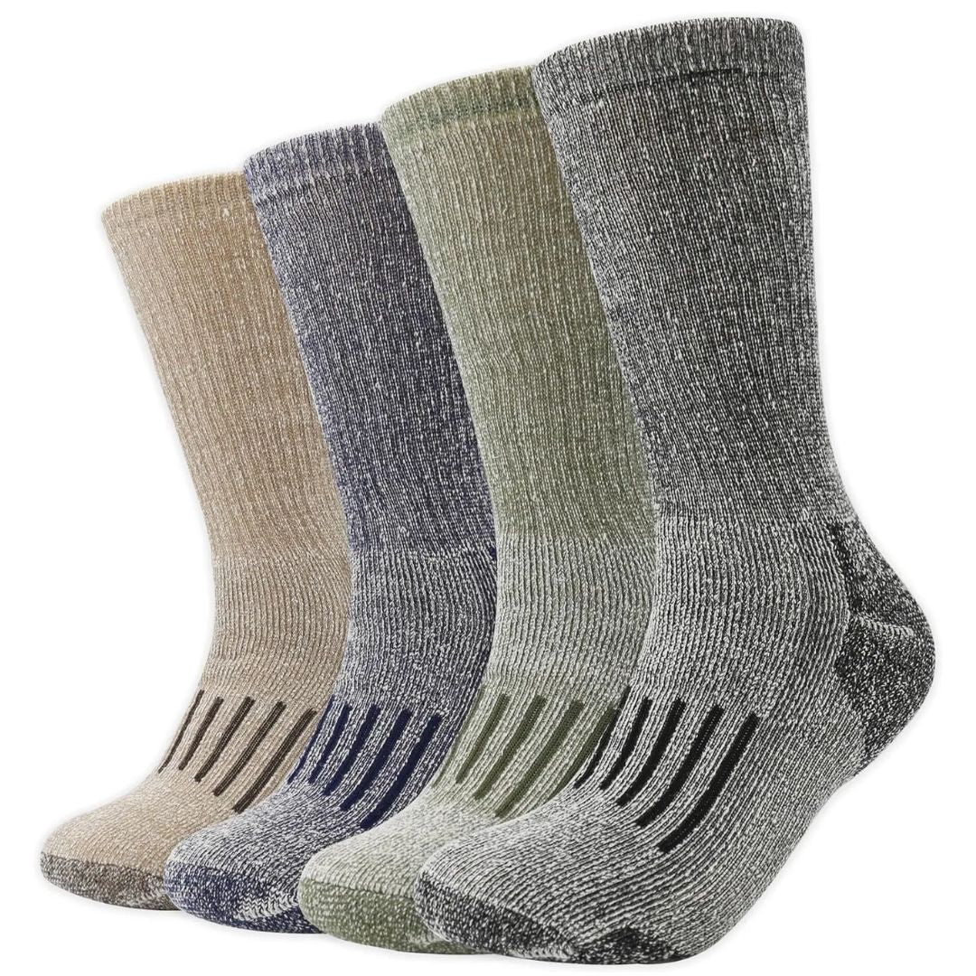 Vier Paar Wandersocken, beige, grau, grün, aus Merinowolle, atmungsaktiv, für Outdoor-Aktivitäten.