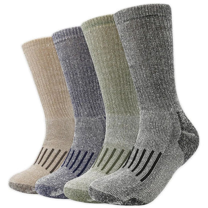 Vier Paar Wandersocken, beige, grau, grün, aus Merinowolle, atmungsaktiv, für Outdoor-Aktivitäten.