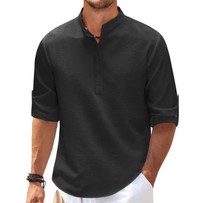 Männerhemd schwarz, Leinen, Stehkragen, 3/4-Ärmel, lässig, Sommermode, Herrenbekleidung.
