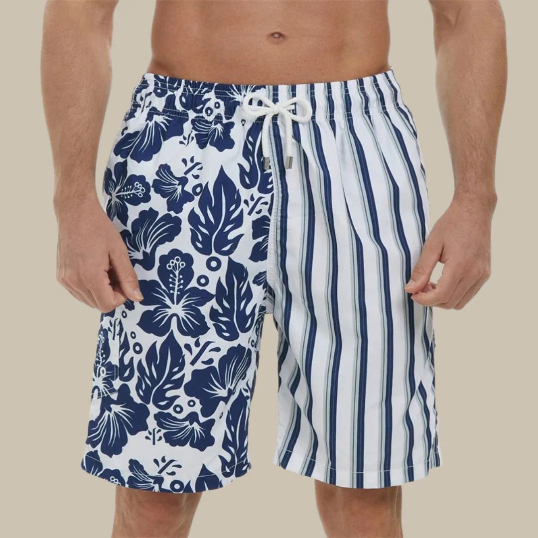 Herren-Badeshorts, blau-weiß, gestreift und geblümt, elastischer Bund, Kordelzug.