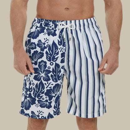 Herren-Badeshorts, blau-weiß, gestreift und geblümt, elastischer Bund, Kordelzug.