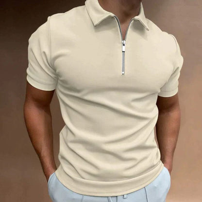 Herren Poloshirt Beige mit Reißverschluss, Kurzarm, Baumwolle, Freizeitmode, Sommerbekleidung