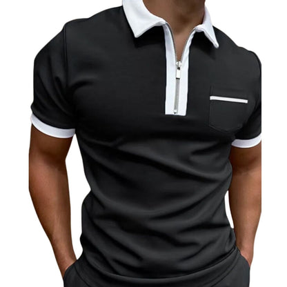 Schwarzes Polohemd mit Reißverschluss, weißem Kragen und Brusttasche für Herren.