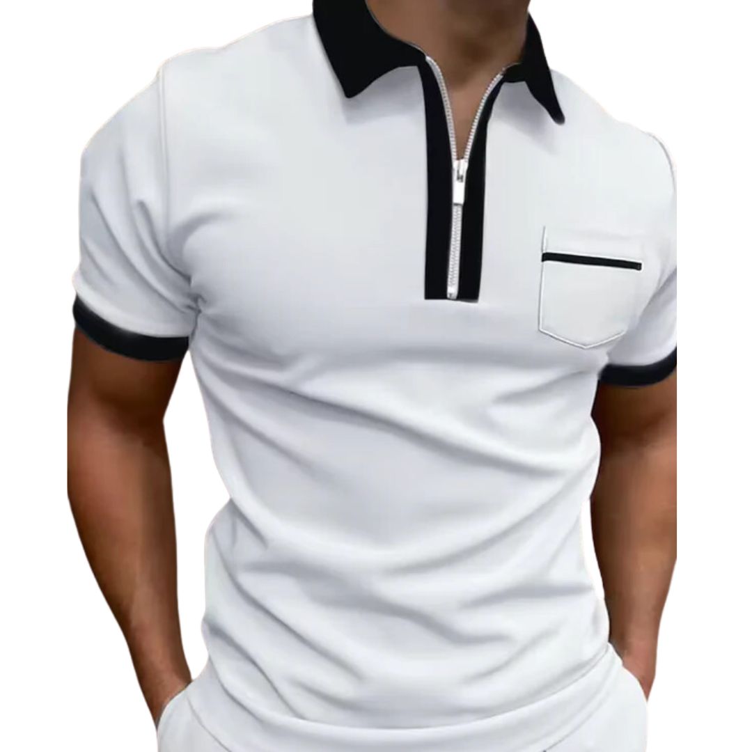 Weißes Herren-Poloshirt mit schwarzem Kragen und Reißverschluss, sportlich-elegant.
