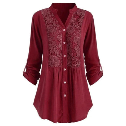 Damenbluse rot mit Spitze, Knopfleiste, langärmlig, elegant, Freizeitmode.