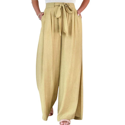 Damen weite Hose beige Leinen, hoher Bund, Kordelzug, Sommermode, lässig, bequem.