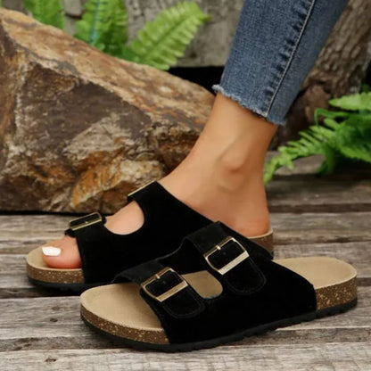 Schwarze Sandalen mit Korksohle, zwei Schnallen, Damenmode, lässig, bequem, Outdoor.