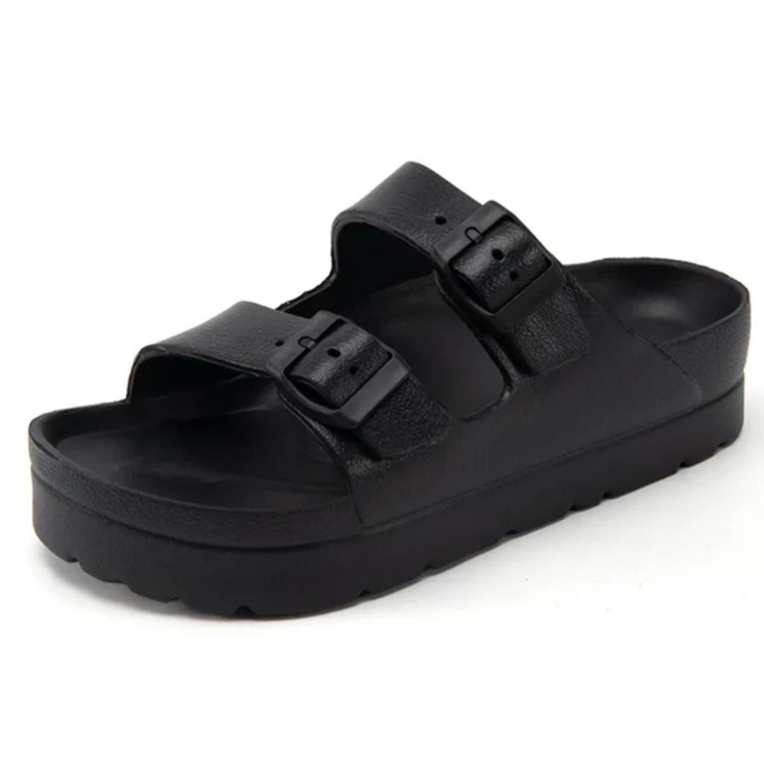 Schwarze Sandale mit zwei Riemen, ergonomisch, rutschfest, ideal für Sommer und Freizeit.